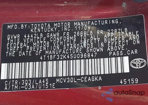 2005 Toyota Camry Xle V6 from USA, damaged, VIN 4T1BF32K45U096847
